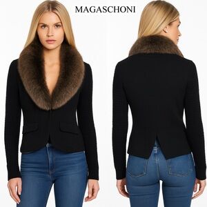 Magaschoni Genuine Fox Fur Collar Wool Alpaca Cashmere Blazer Cardigan Jacket XS